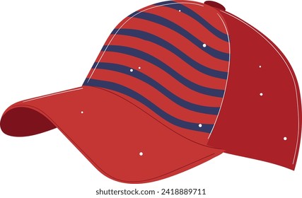 Red baseball cap with blue stripes and white dots design. Fashion accessory for casual wear vector illustration.