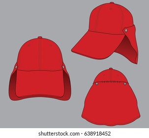 Red Baseball Cap Design With UV Protection Safety Neck Cover Vector.