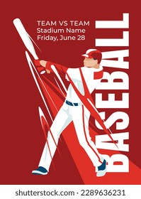 Red baseball player poster. Abstract design. Advertisement of a professional sports game. Vector flat illustration