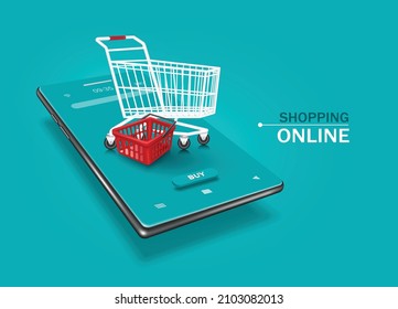 red basket and empty shopping cart placed on the smartphone and all object floating on blue green background,vector 3d virtual for online shopping advertising concept design