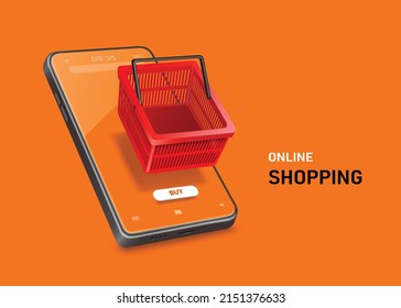 Red basket floating on smartphone screen and buy button place on screen,vector 3d virtual isolated on orange background for online shopping advertising concept design