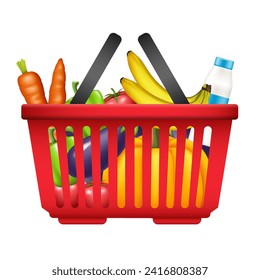 Red basket with food. Vector realistic illustration isolated on white background.