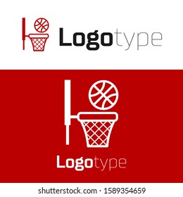 Red Basketball ball and basket icon isolated on white background. Ball in basketball hoop. Logo design template element. Vector Illustration