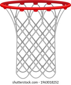 Red basketball hoop with a rope net, for playing basketball. Sports equipment. Vector illustration isolated on white background.