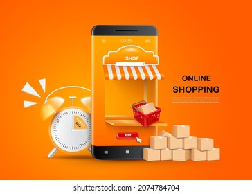 Red baskets and parcel boxes are placed in front of the smartphone shop. And there is an alarm clock to alert the promotion in the back for delivery and online shopping concept,vector 3d for design