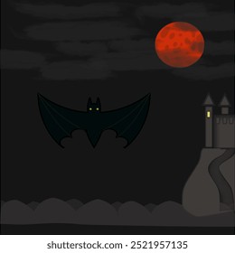 Red bat with gray clouds in dark with moon and castle (halloween)