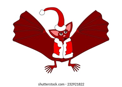 Red bat in a red hat and vest with white fur trim