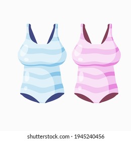 Trato de baño rojo. Ilustración de caricatura plana. Juego de ropa de playa de mujeres de color. Moderno traje de baño de una sola pieza para nadar y practicar deportes