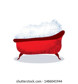 Red bathtub with high foam isolated on white background, simple vector illustration.