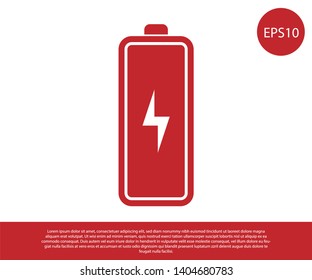 Red Battery icon isolated on white background. Lightning bolt symbol. Vector Illustration