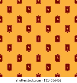 Red Battery icon isolated seamless pattern on brown background. Lightning bolt symbol. Flat design. Vector Illustration
