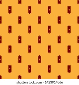 Red Battery icon isolated seamless pattern on brown background. Lightning bolt symbol. Vector Illustration