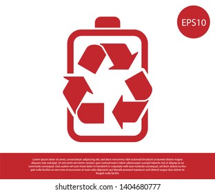 Red Battery with recycle symbol line icon isolated on white background. Battery with recycling symbol - renewable energy concept. Vector Illustration