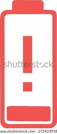 Red battery symbol warning sign, low energy level alert, critical charge status icon, power failure notification graphic