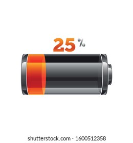 Red battery,25% charge with lighting. Vector illustration.vector infographic. Isolated on white background