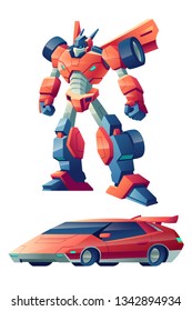 Red battle robot capable to transform in sport car cartoon vector character isolated on white background. Alien battle machine, controlled by AI cybernetic organism, children popular toy illustration