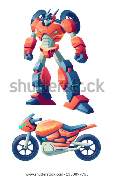 白い背景にレース用のバイクの漫画のベクター画像キャラクターを変身させる赤いバトルロボット 外国人戦士 サイバネティック生物 子どもの人気のおもちゃ イラスト のベクター画像素材 ロイヤリティフリー