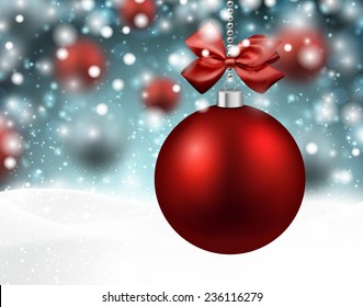 Red bauble. Winter background with snowfall. Vector illustration. 