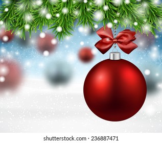 Red bauble. Winter background with spruce twigs. Vector illustration.