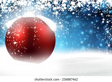 Red bauble. Winter blue background with snowfall. Vector illustration. 
