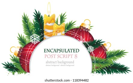Red baubles, candle and fir branches on a white background. Abstract Christmas background