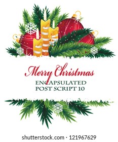 Red baubles, candles and pine branches. Christmas composition with place for text