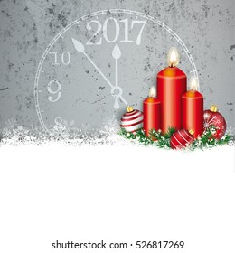 Red baubles with clock 2017 and candles on the concrete background. Eps 10 vector file.