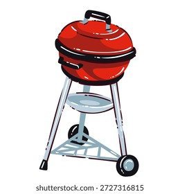 Red bbq grill with round kettle lid, metal body, charcoal bowl, tripod legs, wheels, handle details. Barbecue grill design with bold outlines, cartoon vector illustration, isolated.