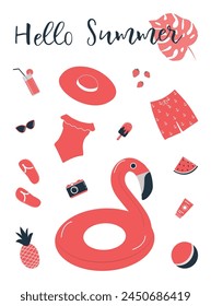 Red beach accessories isolated on white. Swimsuit, swimming trunks, hat, sunglasses, flip flops, sunscreen, camera, flamingo swimming ring, watermelon. Things for summer vacation. Hello Summer Vector