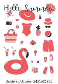 Red beach accessories isolated on white. Swimsuit, swimming trunks, hat, sunglasses, flip flops, sunscreen, camera, flamingo swimming ring, watermelon. Things for summer vacation. Hello Summer Vector.