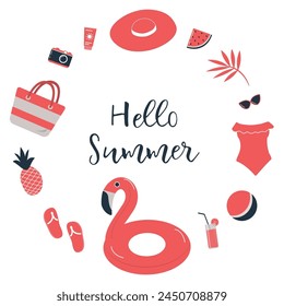 Red Beach Accessories. Set. Hello Summer concept. Swimsuit, swimming trunks, hat, sunglasses, flip flops, sunscreen, camera, flamingo swimming ring, watermelon, pineapple, ball. Vector illustration