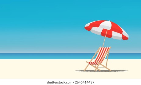 Uma praia vermelha assenta sob um guarda-chuva de praia vermelho em uma praia tropical com céu azul e mar. Férias de verão, relaxamento e conceito de férias à beira-mar para banner de verão. Ilustração vetorial.