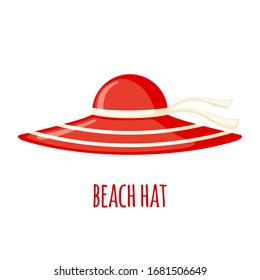 Red Beach hat icon with ribbon in flat style isolated on white background. Vector illustration.