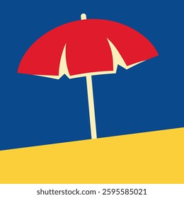 Red beach umbrella on yellow sand against a blue backdrop, simple summer icon showing shaded area for relaxation and vacation. Not AI Generated