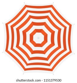 Red beach umbrella. Top view, striped design. Isolated on white background
