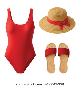 Women’s red beachwear set – vector illustration isolated on white background. Includes one-piece swimsuit, straw hat with red ribbon, and straw sandals. 