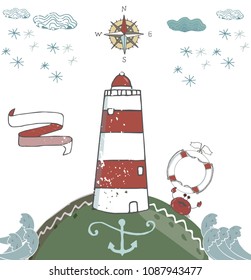 Red beacon vector ribbon anchor kompas snowflake snow cloud landscape waves crab lighthouse pharos, screed, seamarkvector celebration greeting text data sailor lifebuoy card postcard white background