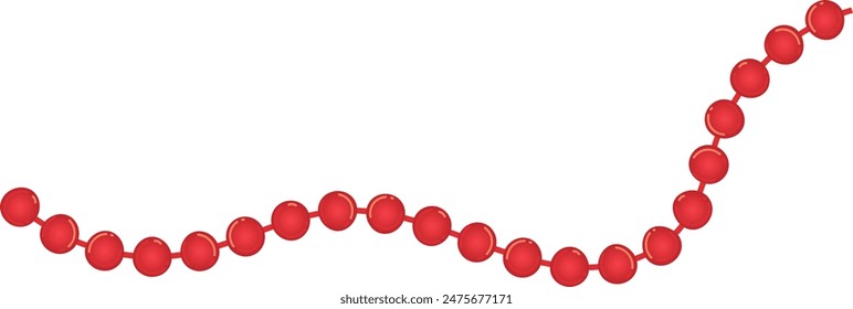 Red bead necklace isolated white background. Material appears be plastic glass. Spherical beads connected string wire component arranged curved pattern