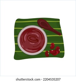 Red bean porridge in a bowl with a spoon, red bean seeds on a banana leaf. Vector illustration