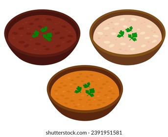 Red bean, white bean and lentil soup bowl set. Vegetarian legume stew drawing. Cartoon vector clip art illustration.