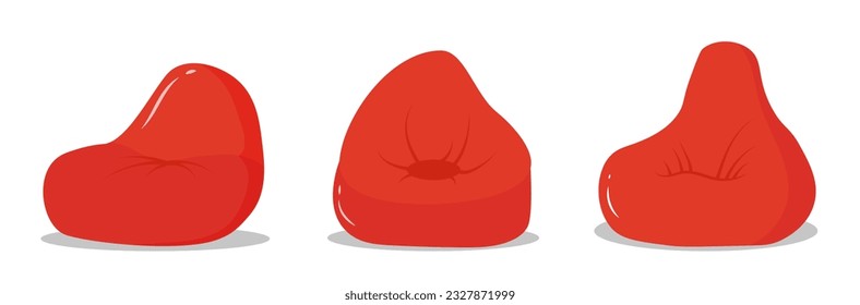 Red beanbag in trendy flat style. Comfortable fluffy soft chair in front and left view. Pouf furniture icon isolated on white background. Set of pillow in a different shape. Vector illustration. 