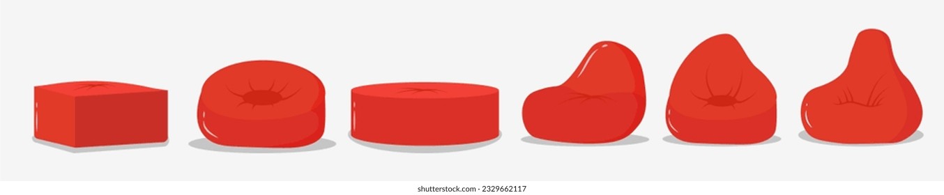 Red beanbag in trendy flat style. Comfortable fluffy soft chair in front and left view. Pouf furniture icon isolated on white background. Set of pillow in a different shape. Vector illustration. 