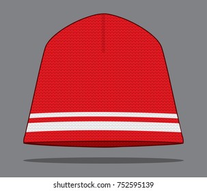 Red Beanie Hat With Double White Lines Design On Gray Background, Vector File.