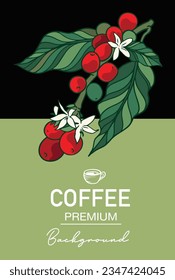 Red beans coffee tree of vector colour illustration drawing for poster, banner promotion, menu, cover, brochure, flyer, label packaging, sticker, card, art print, shop, cafe, advertising. farm berry 