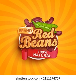 Red beans logo, label or sticker on sunburst background. Natural, organic food.Concept for farmers market, shops, packing and packages, advertising design.Vector illustration.