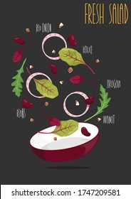 Red beans salad with mix of lettuce leaves and walnuts. Vector illustration