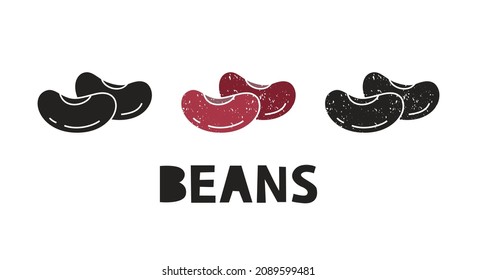 Red beans, silhouette icons set with lettering. Imitation of stamp, print with scuffs. Simple black shape and color vector illustration. Hand drawn isolated elements on white background