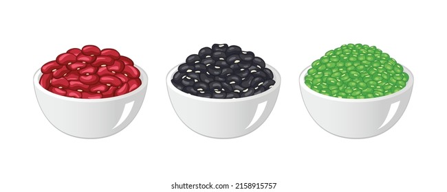 Judías rojas, judías negras y gramos verdes o frijoles Mung en el bol aislados en fondo blanco.