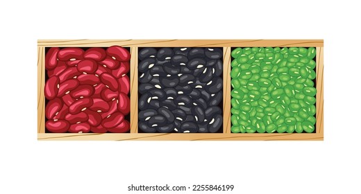 Red beans,Black beans and Green grams or Mung beans in wooden box isolated on white background.