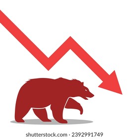 red bear and red arrow falling down show bearish forex stock position trading loss business financial recession graph